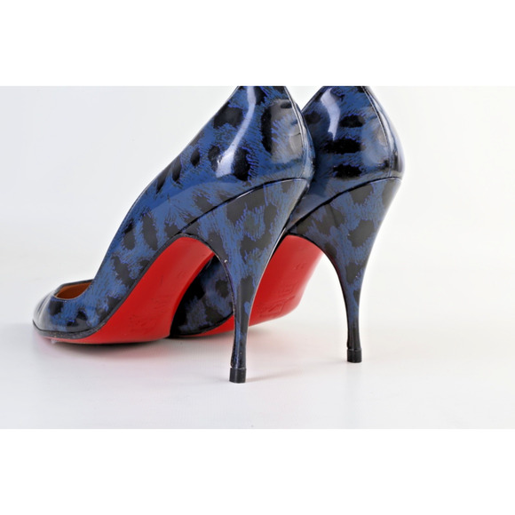 Christian Louboutin Pigalle 100 Blue Leopard Print Patent Leather Pumps Heels 37
